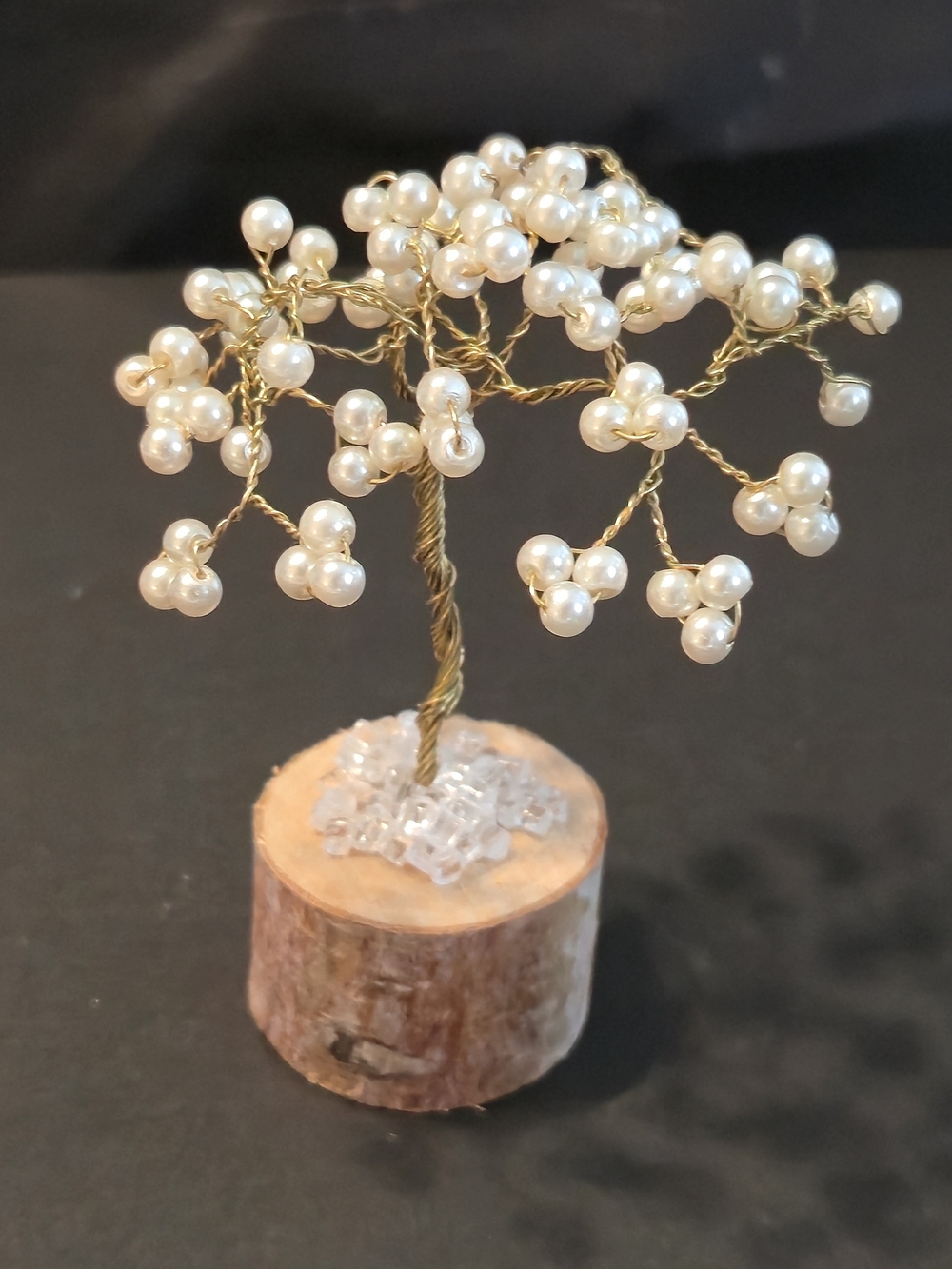 🌳 Handmade Pearl Bead Wire Tree Mini Desk Decor Birch Wood Base OOAK